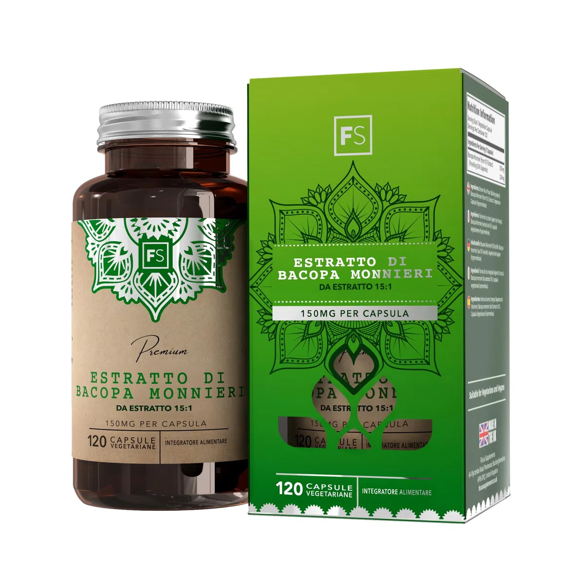 FS Bacopa Monnieri | 120 Brahmi Capsule - 500mg per Dose | Estratto di Bacopa Monnieri Integratore (10:1) | Integratori Memoria e Concentrazion Non-OGM, Senza Glutine ed Allergeni