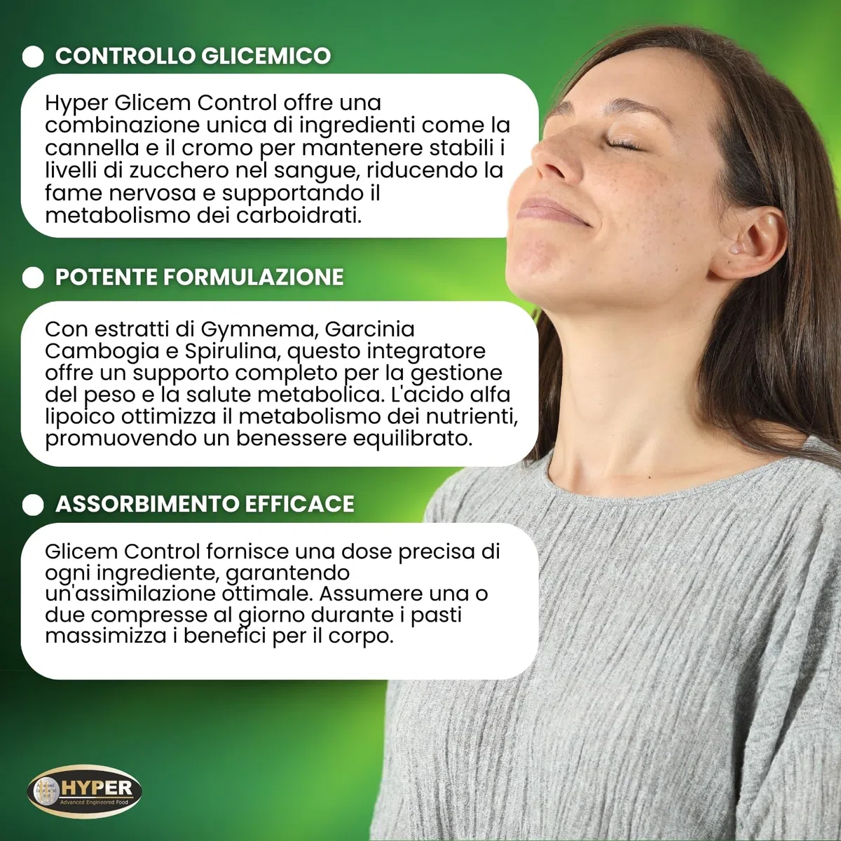 Hyper Glicem Control - Glucosio e Carboidrati - Integratore Alimentare con Griffonia, Cannella, Gimnema, Spirulina, Garcinia, Acido Alfa Lipoico, Cromo. 60 Compresse, prodotto in Italia.