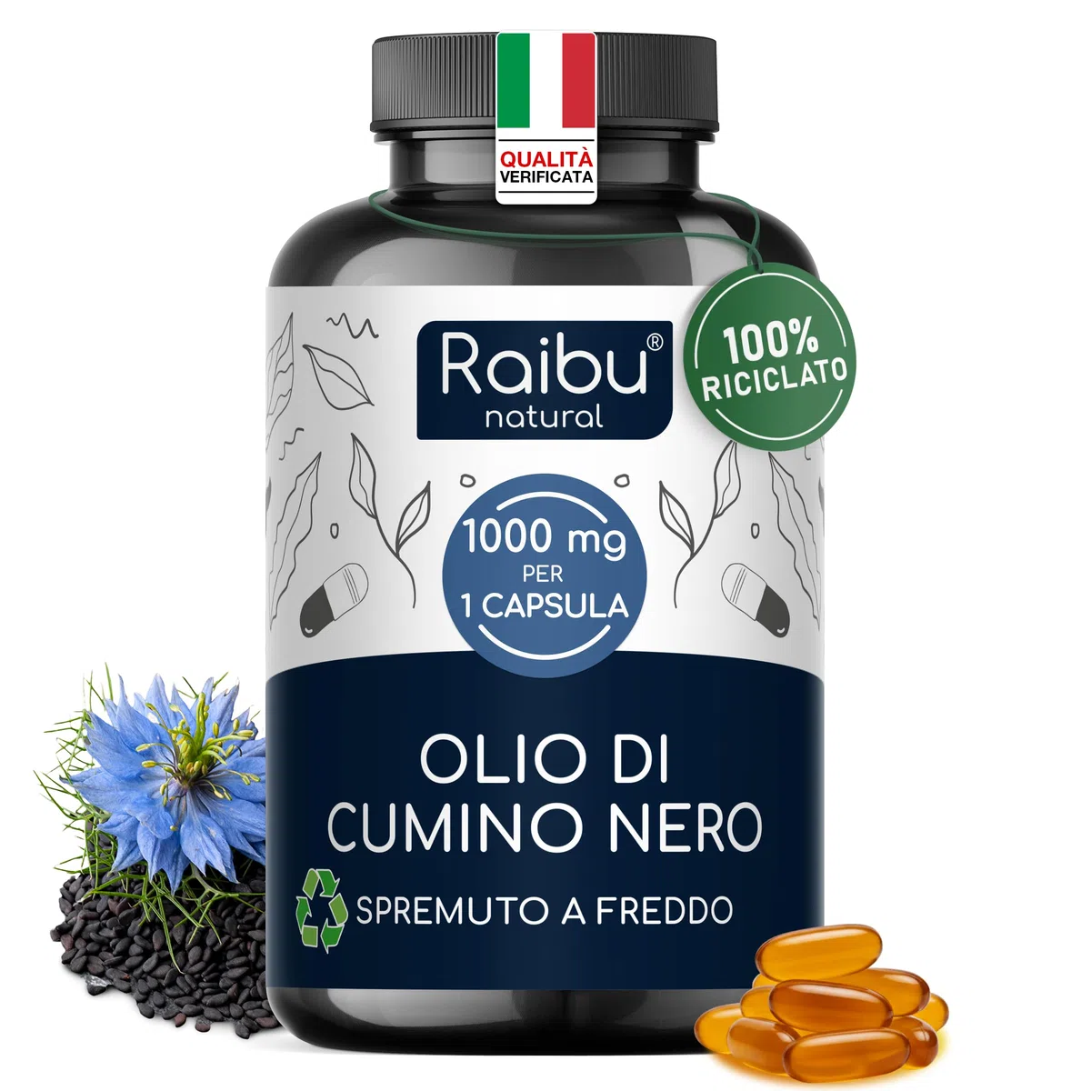 Olio di Cumino nero 1000 mg (Nigella Sativa Originale) - 1 Sola Softgel al Giorno, Fornitura per 6 Mesi - Spremuto a Freddo - 180 Capsule Black Seed Oil, Senza Magnesio Stearato né OGM