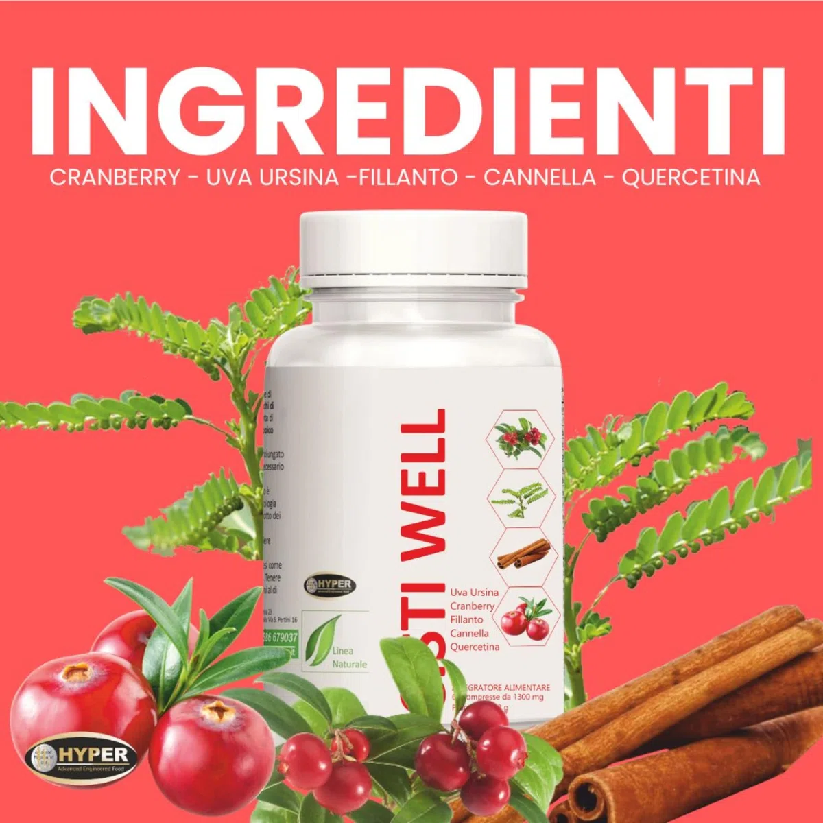 Hyper Integratore Cistite Cisti Well | Contrasta Infiammazioni e Infezioni delle Vie Urinarie | con Mirtillo Rosso, Cranberry, Uva Ursina e Fillanto. 60 Compresse Made in Italy