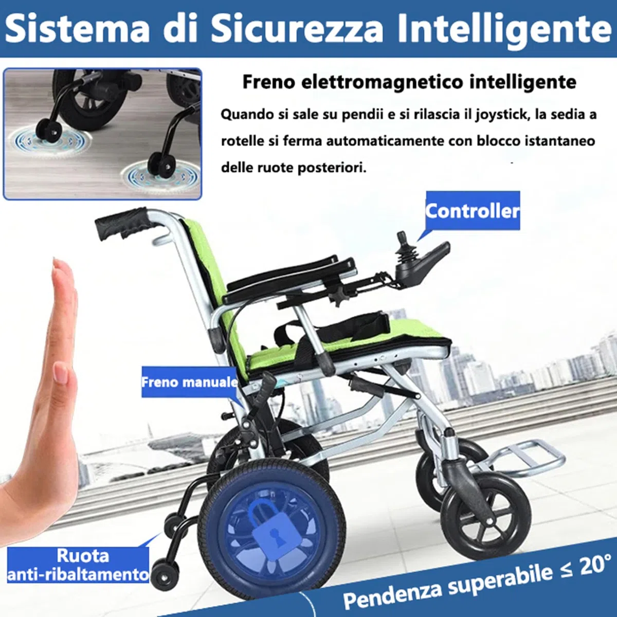 AMITD Sedia a Rotelle Elettrica, Carrozzina Elettrica Pieghevole Leggera 17 kg, Autonomia 20 km Batterie Doppia, Motore 400 w, Portata 120kg, Controller Doppio a 360 Gradi, per Scale Disabili
