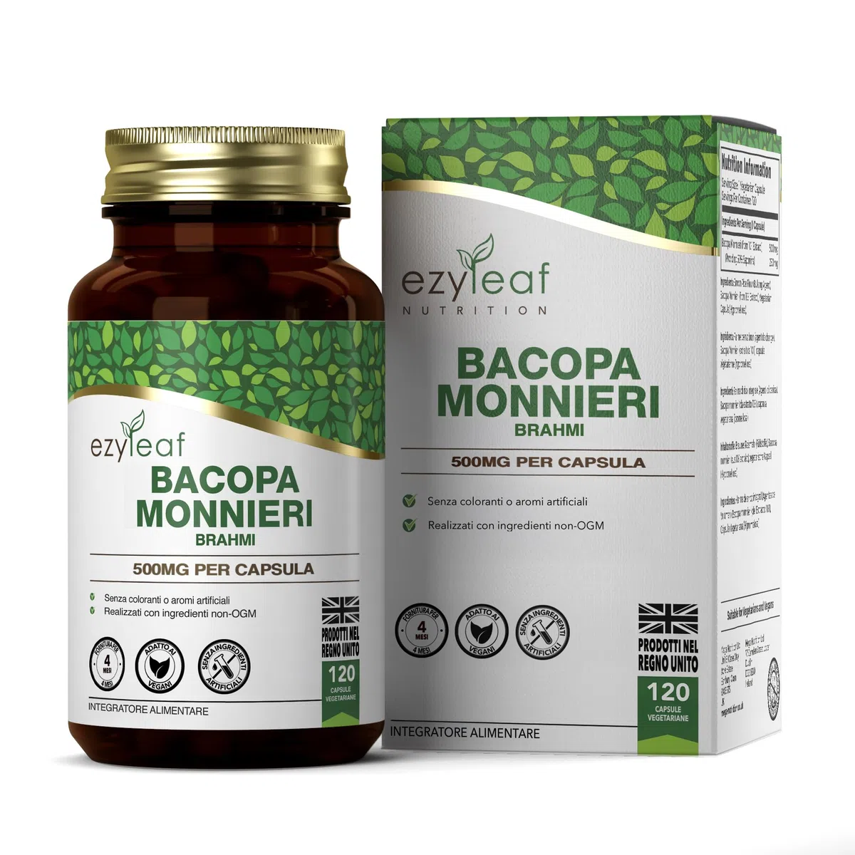 Ezyleaf Bacopa Monnieri 500 mg Integratore Alta Potenza Bacopa | 120 Capsule | Estratto Ayurvedico Brahmi | Vegano, Non-OGM Senza Allergeni e Glutine | Prodotto in UK