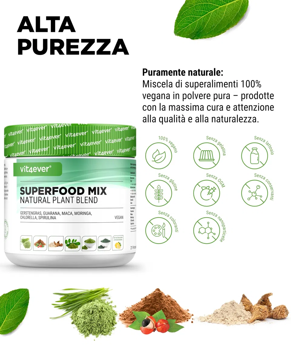 vit4ever Superfood Mix Polvere – 420 g con 6 Superfoods (Erba d'Orzo, Spirulina, Chlorella, Moringa, Maca e Guaranà) - con Gusto Naturale di Limone