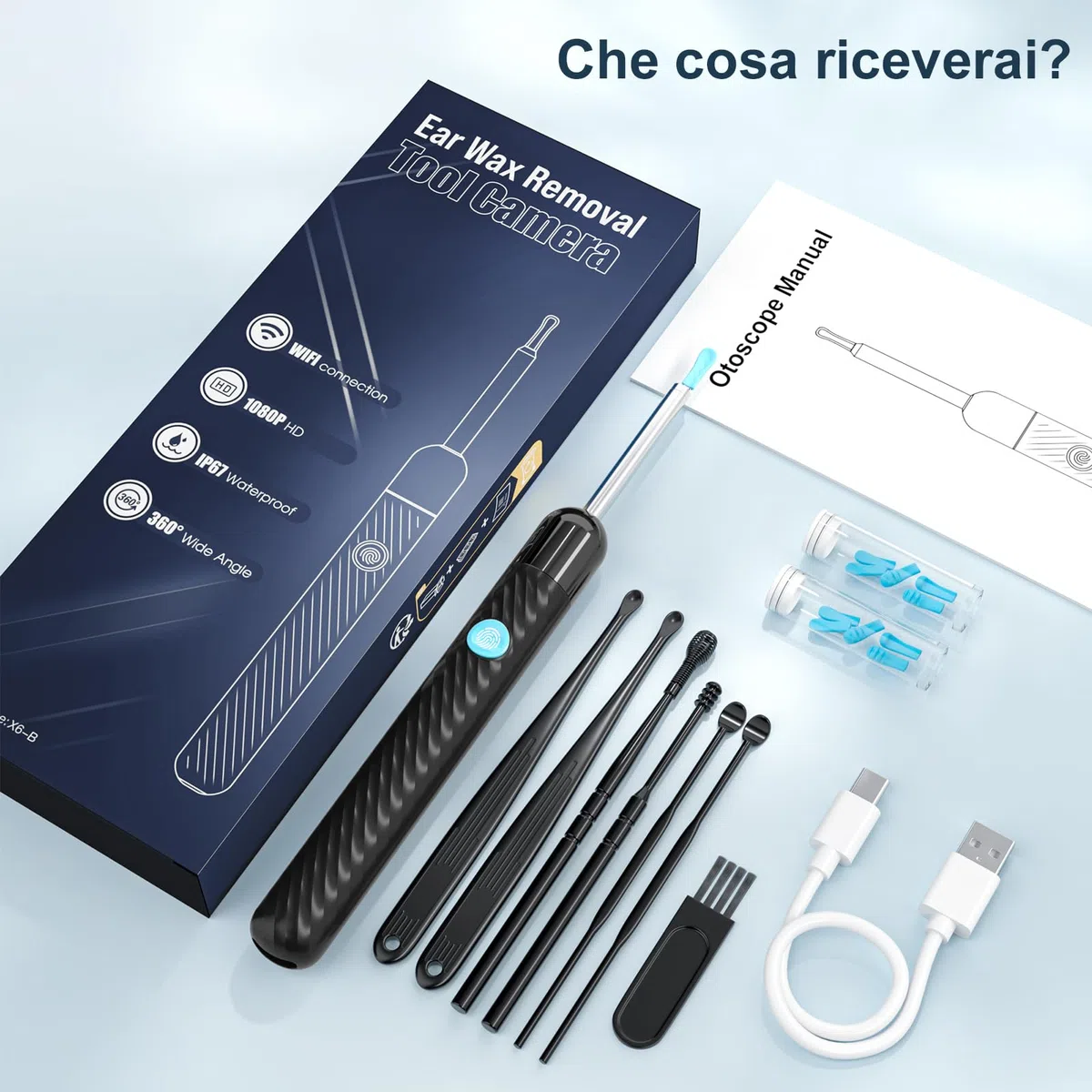 Otoscopio 1080P HD per Pulizia Orecchie – Pulisci Orecchie con Fotocamera a 6 LED – Cerume Orecchie Pulitore con 11 Coperture in Silicone – Compatibile con iOS e Android (Nero Lucido)