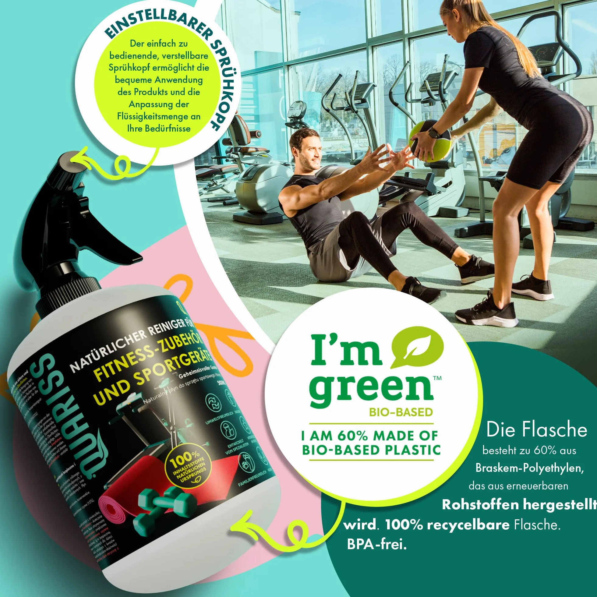 Detergente naturale al 100% per accessori fitness e attrezzature sportive - Tappetini - Superfici impermeabili sostenibili e vegane 0,5 litri