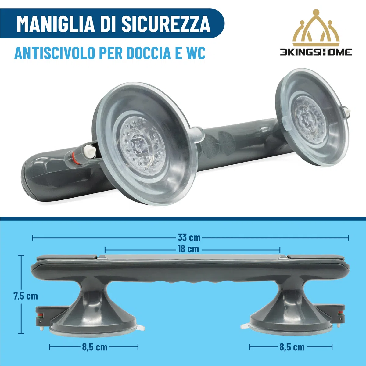 Maniglia Doccia Anziani, Maniglione Bagno Disabili A Ventosa Con Doppia Sicura grigia
