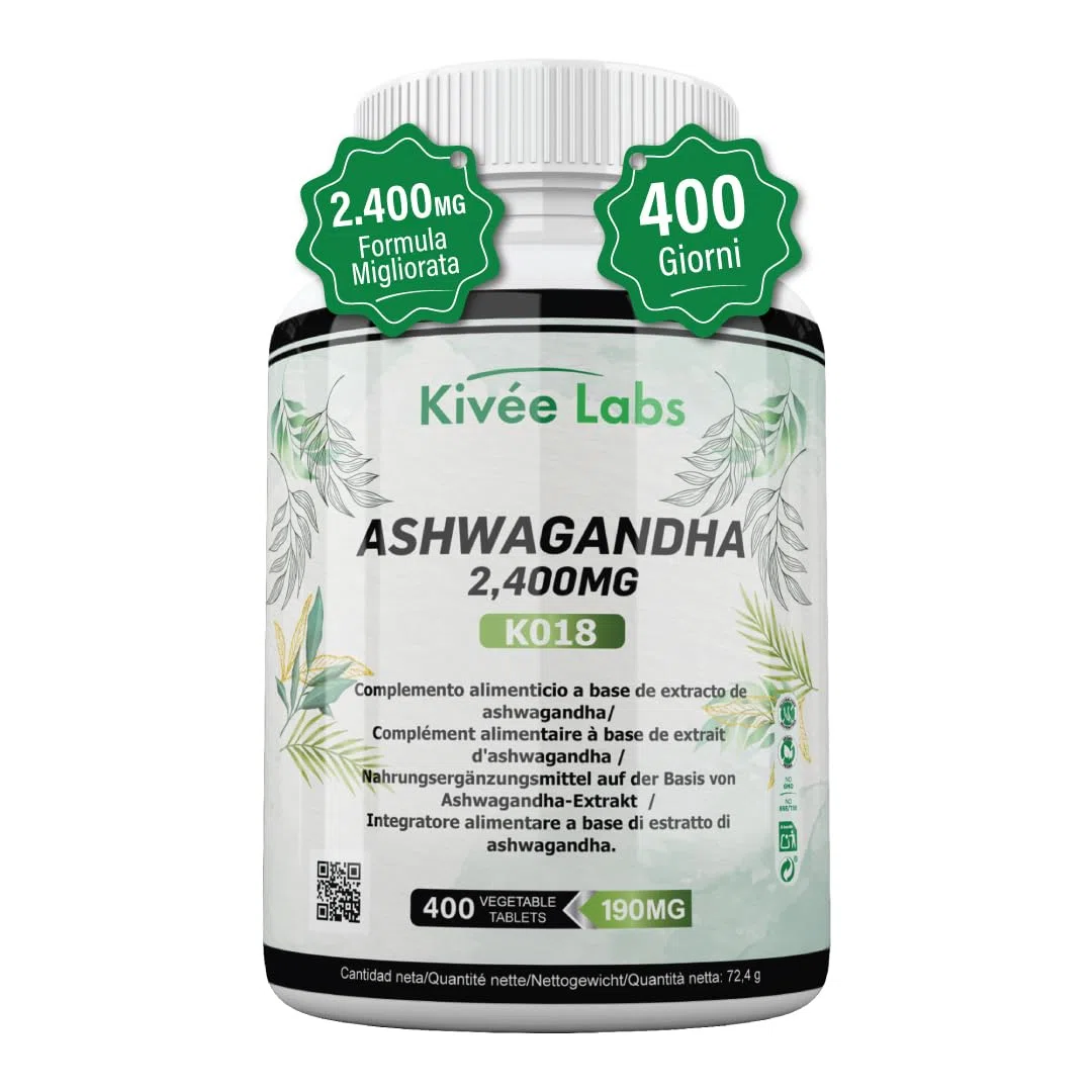 KivéeLabs 400 compresse di Ashwagandha ad alta potenza | 2400 mg per compressa con concentrazione 50:1 | VEGAN - Senza glutine - Non OGM.