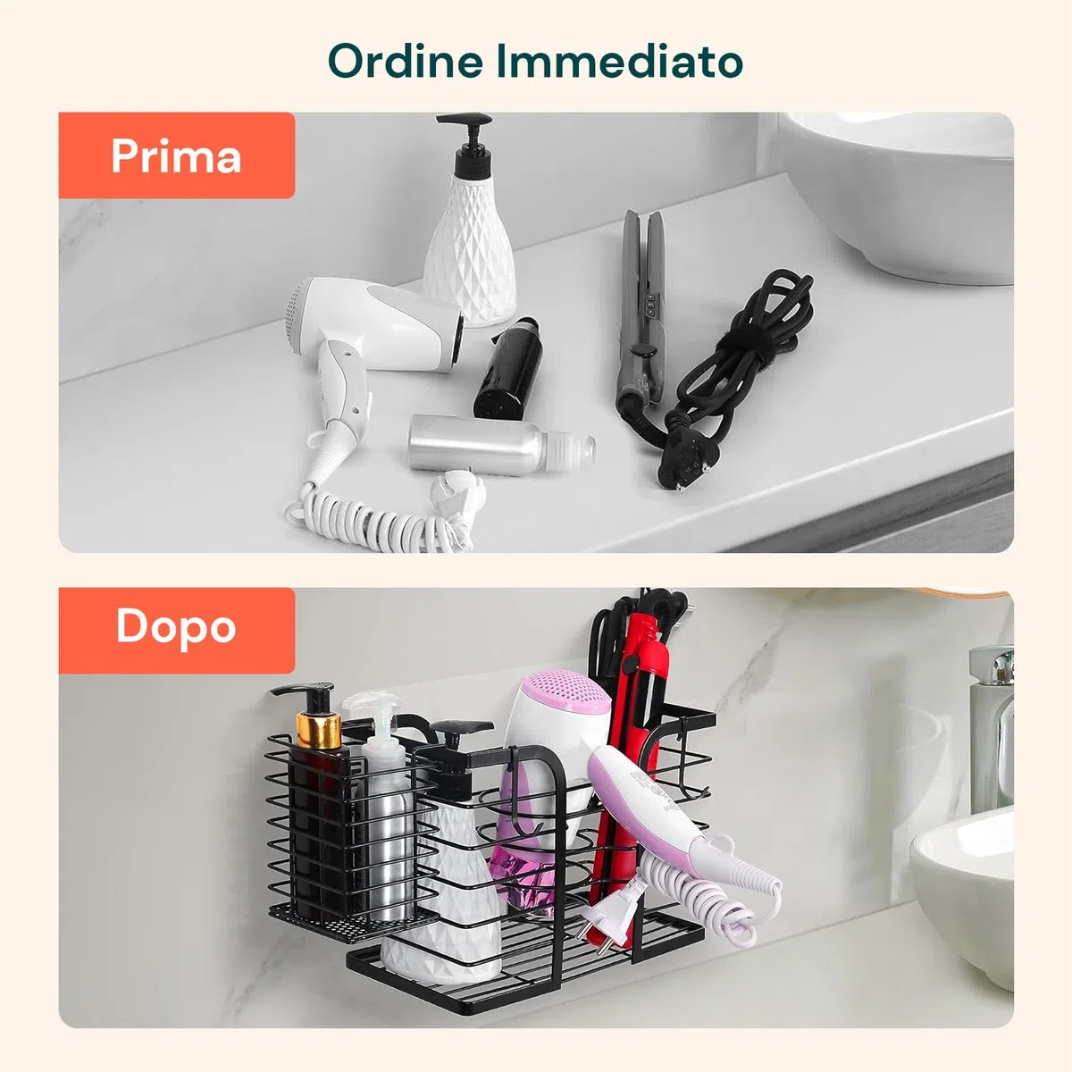 Wintem - Porta Phone Bagno da Muro con Mensola Multiuso Senza Fori per Phon e Piastra, Ideale per Accessori Beauty, Facile da Installare con Adesivi Resistenti, Design Salvaspazio