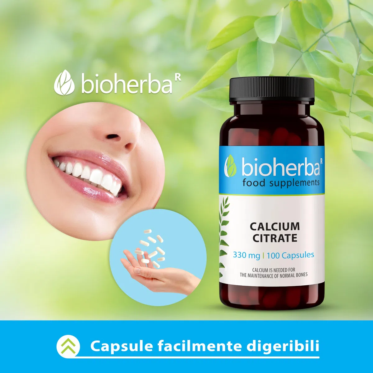 Citrato di Calcio 330 mg - 200 Capsule - Integratore ad Alta Potenza per Ossa e Denti Forti di BIOHERBA