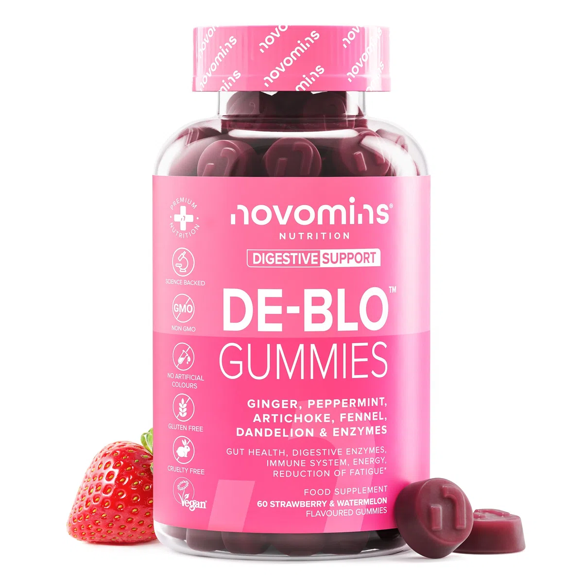 De-Blo Gommose – con Bromelina, Inulina, Zenzero, Menta, Carciofo e Aceto di Mele – con Calcio, Zinco e Vitamina B6 – Vegan, Senza Glutine – 60 Gommose Gusto Fragola – Novomins