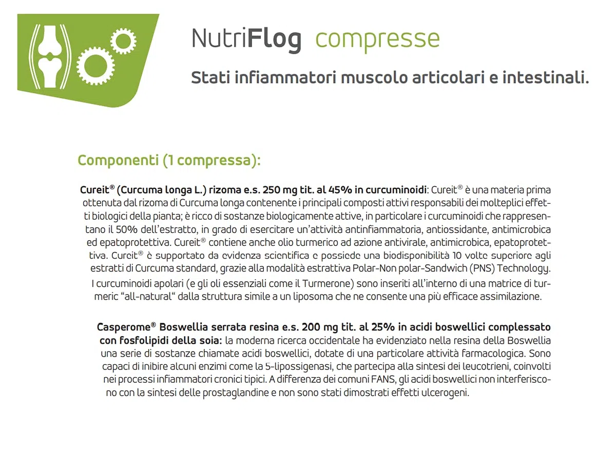 NutriFlog, 30 Compresse - Integratore Naturale per Dolori Muscolari, Articolari o Intestinali - Con Curcuma, Boswella Serrata - Nutrileya