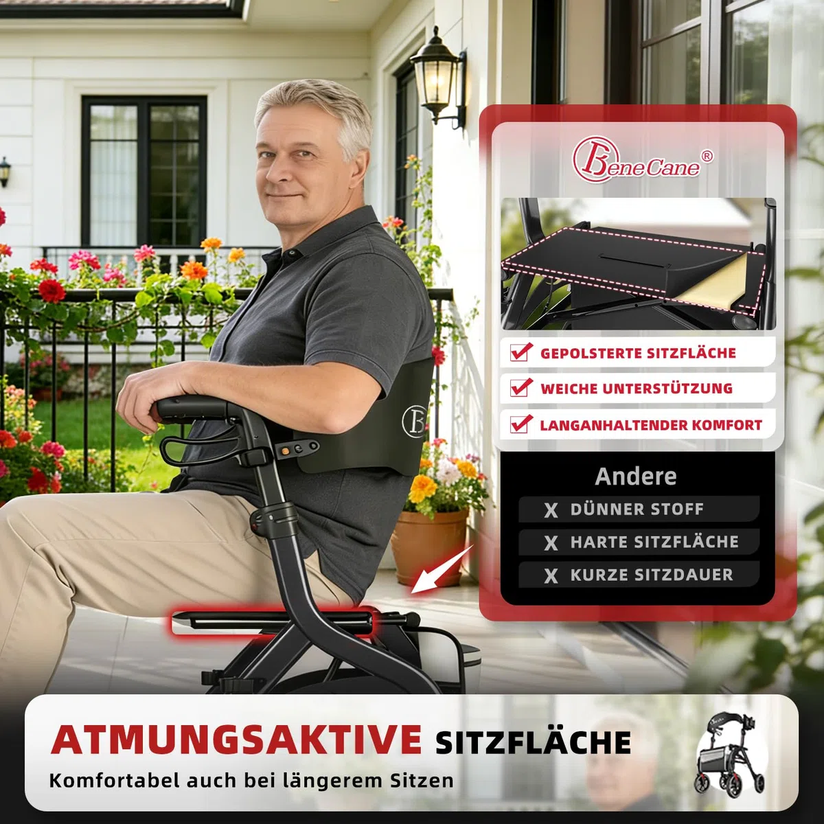 BeneCane Deambulatore da Esterno Pieghevole e Leggero come Ausilio per Camminare e Alzarsi, Rollator da Viaggio Regolabile in Altezza con Sedile, per Anziani con Borsa e Cintura Posteriore