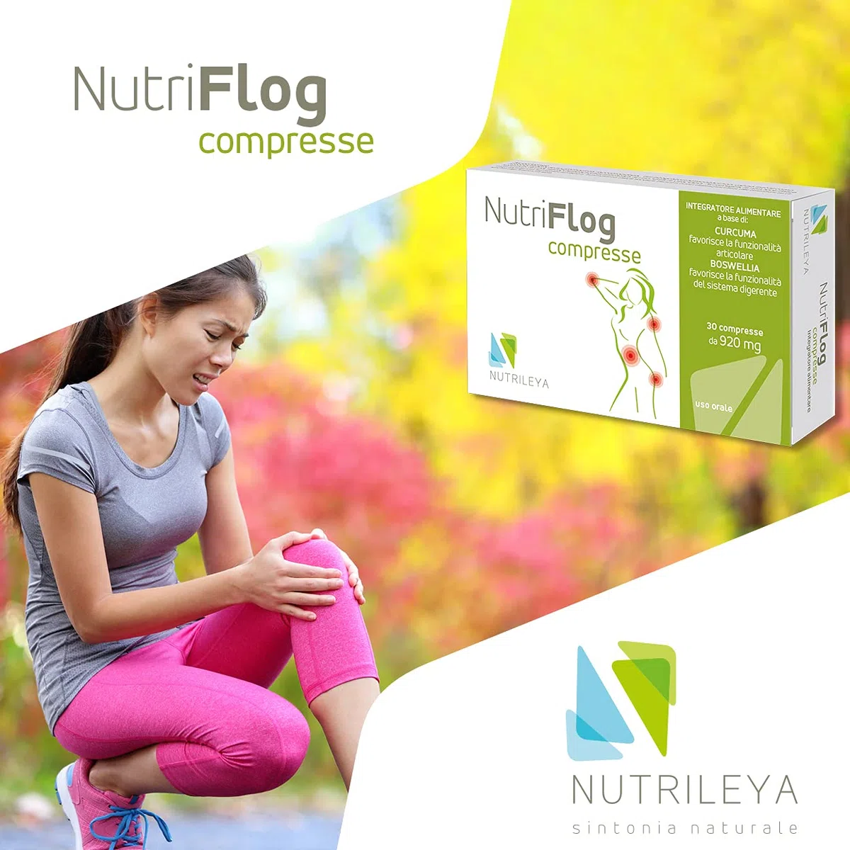 NutriFlog, 30 Compresse - Integratore Naturale per Dolori Muscolari, Articolari o Intestinali - Con Curcuma, Boswella Serrata - Nutrileya