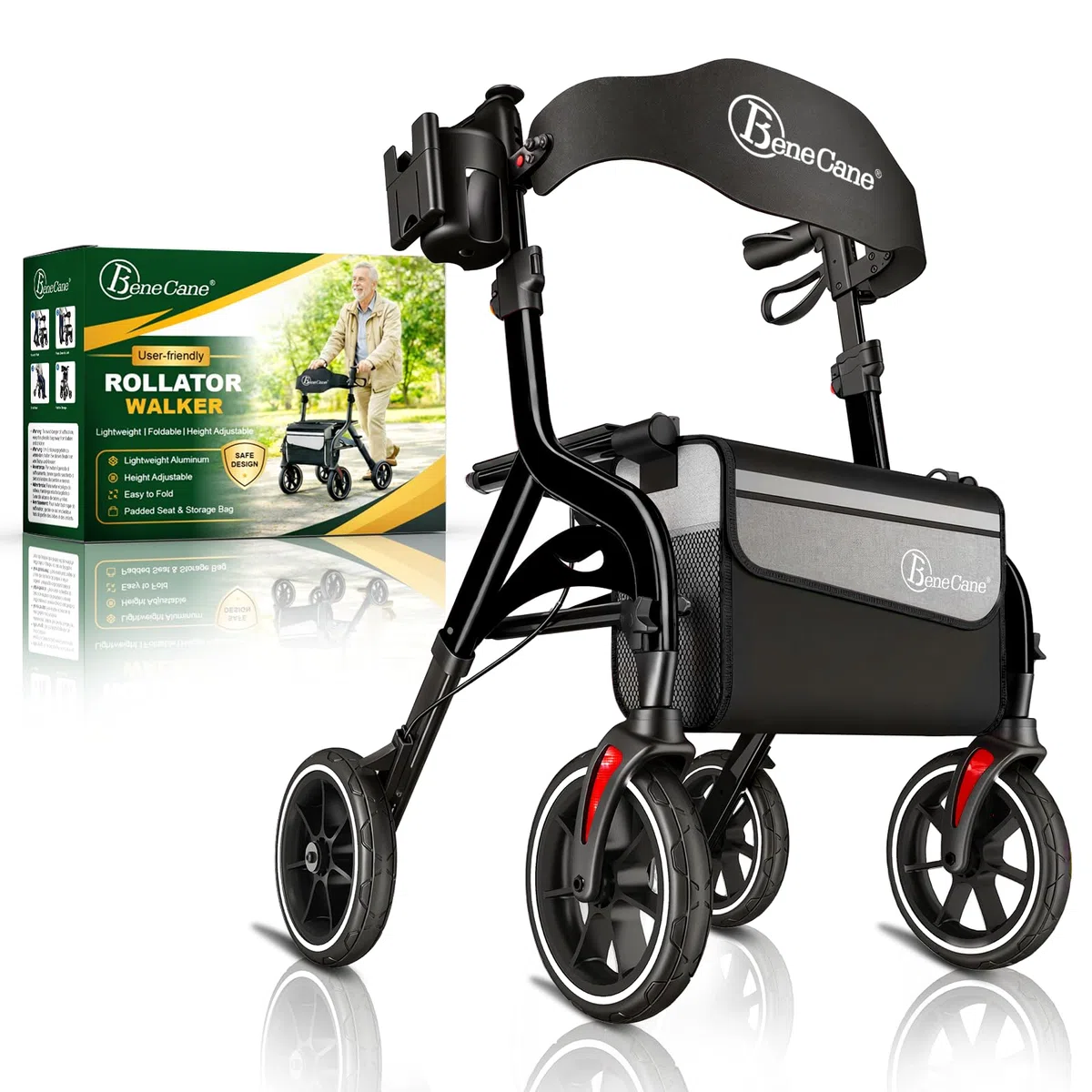 BeneCane Deambulatore da Esterno Pieghevole e Leggero come Ausilio per Camminare e Alzarsi, Rollator da Viaggio Regolabile in Altezza con Sedile, per Anziani con Borsa e Cintura Posteriore