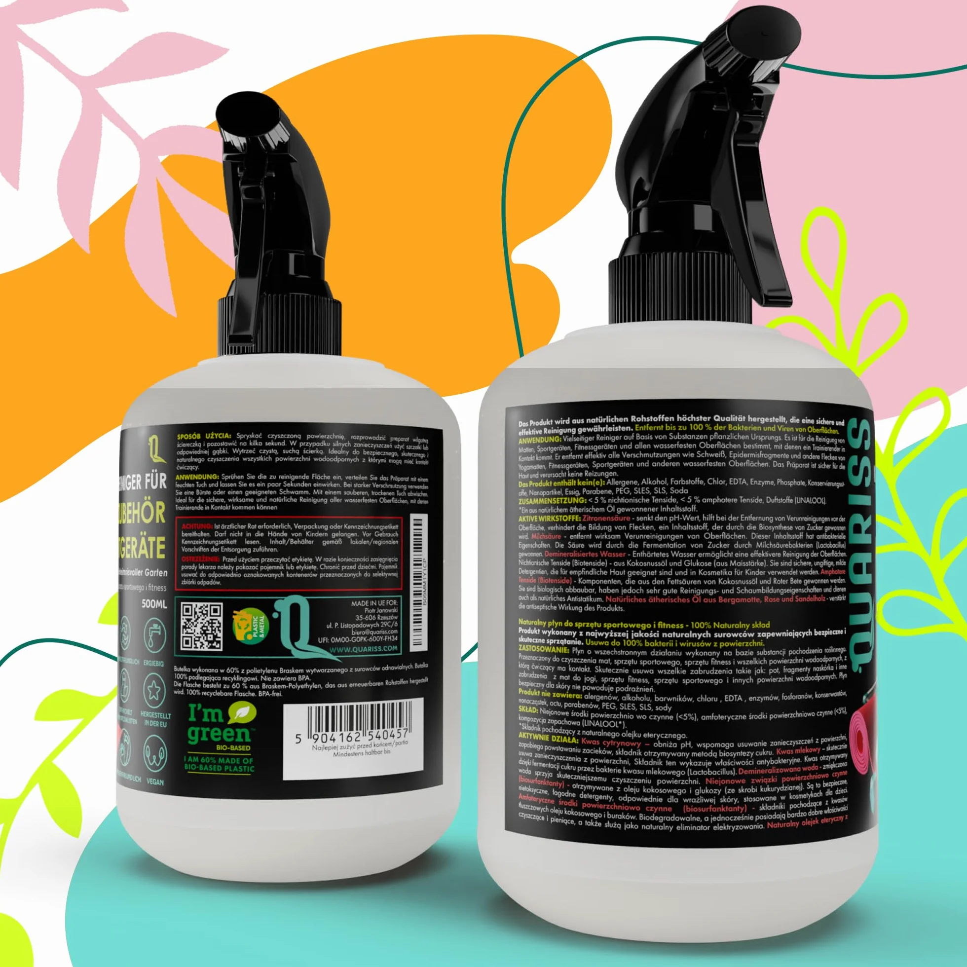 Detergente naturale al 100% per accessori fitness e attrezzature sportive - Tappetini - Superfici impermeabili sostenibili e vegane 0,5 litri