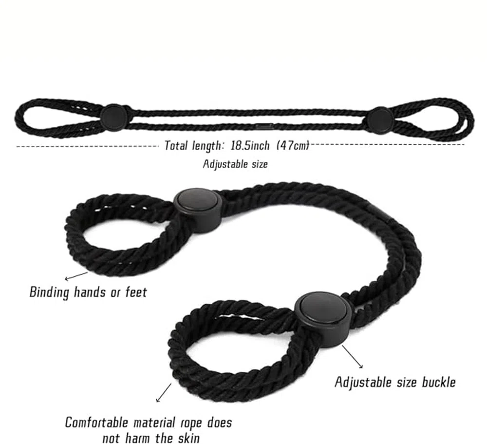 Set di 2 pezzi di manette nere regolabili in corda di cotone