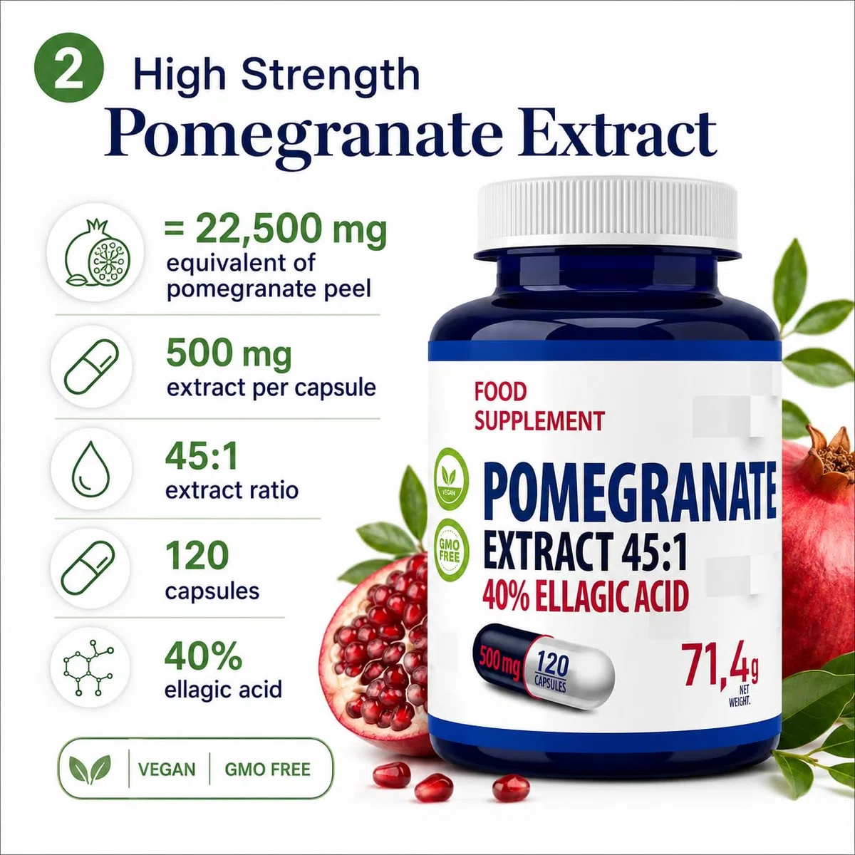 Hepatica Estratto di Melograno 22.500 mg Equivalente | Estratto 45:1 da 500 mg Standardizzato al 40% di Acido Ellagico | 120 Capsule Vegane | Scorta 4 Mesi | Testato da Laboratorio Indipendente