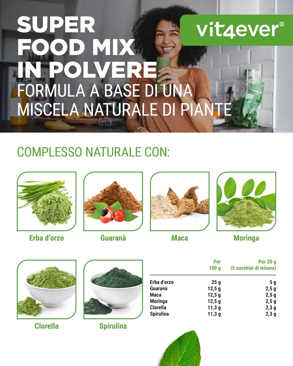 vit4ever Superfood Mix Polvere – 420 g con 6 Superfoods (Erba d'Orzo, Spirulina, Chlorella, Moringa, Maca e Guaranà) - con Gusto Naturale di Limone