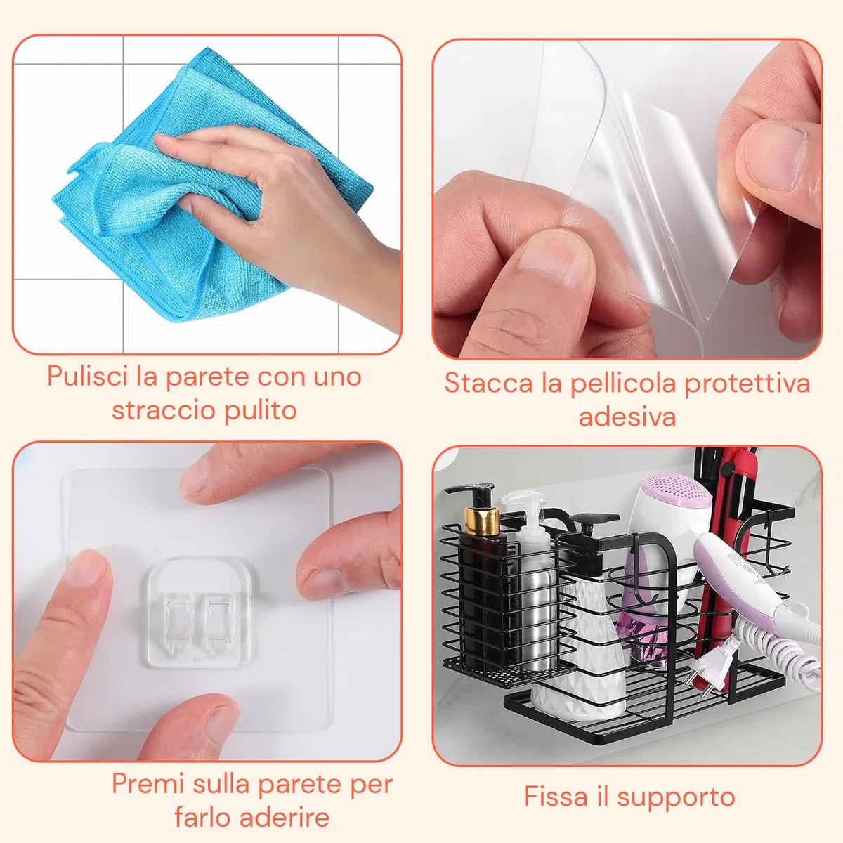Wintem - Porta Phone Bagno da Muro con Mensola Multiuso Senza Fori per Phon e Piastra, Ideale per Accessori Beauty, Facile da Installare con Adesivi Resistenti, Design Salvaspazio