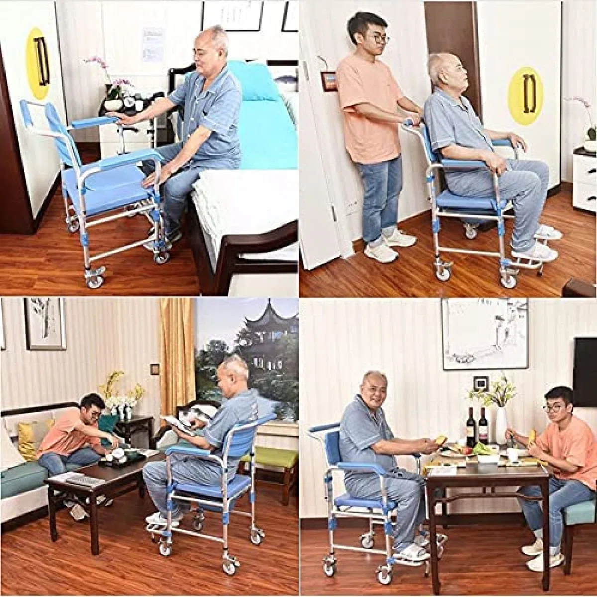 Sedia da toilette Sedia da bagno Sedia da doccia con braccioli e ruote Sedie a rotelle da bagno portatili Sgabello Camminatore con ruote con sedile for disabili Anziani feriti Disabili
