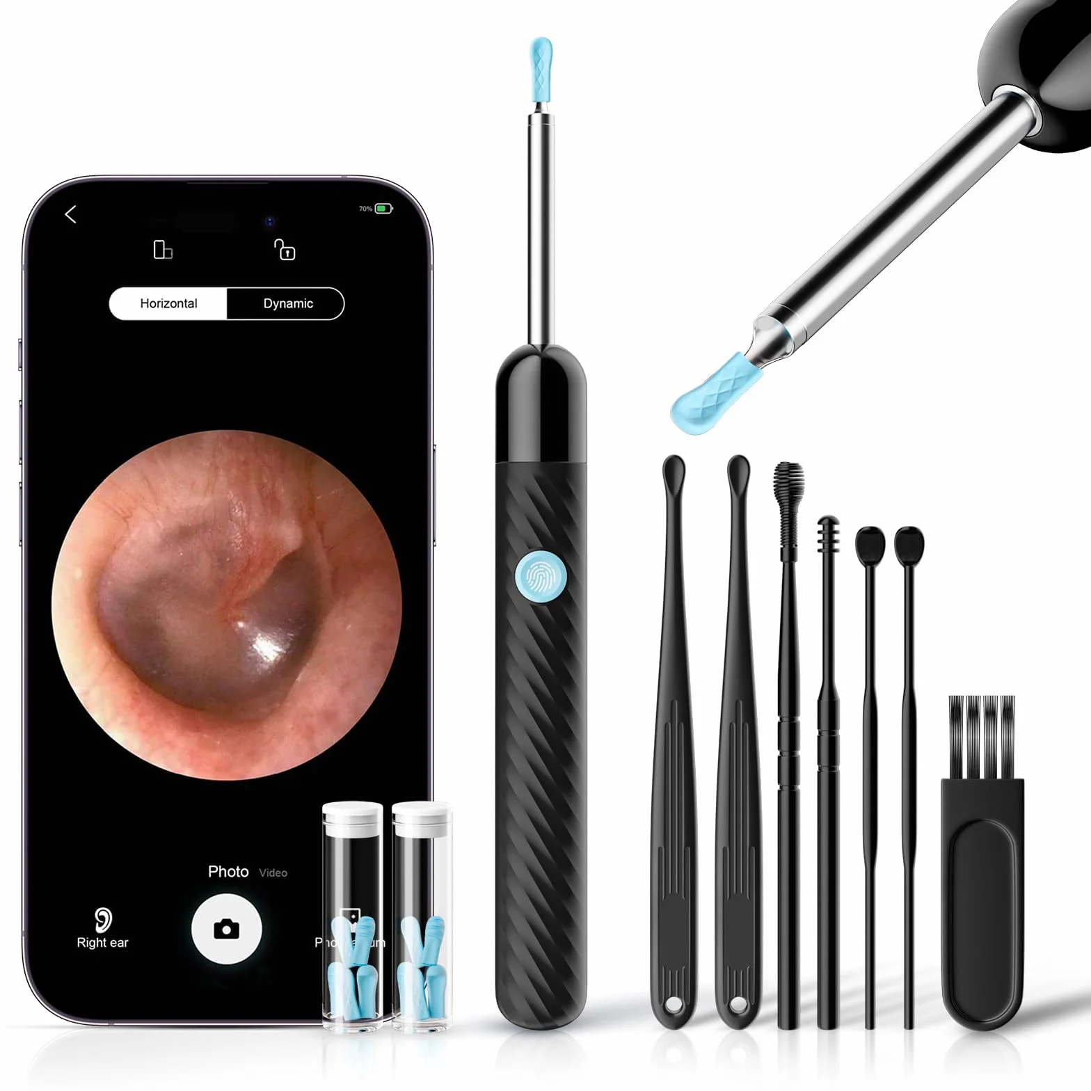 Otoscopio 1080P HD per Pulizia Orecchie – Pulisci Orecchie con Fotocamera a 6 LED – Cerume Orecchie Pulitore con 11 Coperture in Silicone – Compatibile con iOS e Android (Nero Lucido)