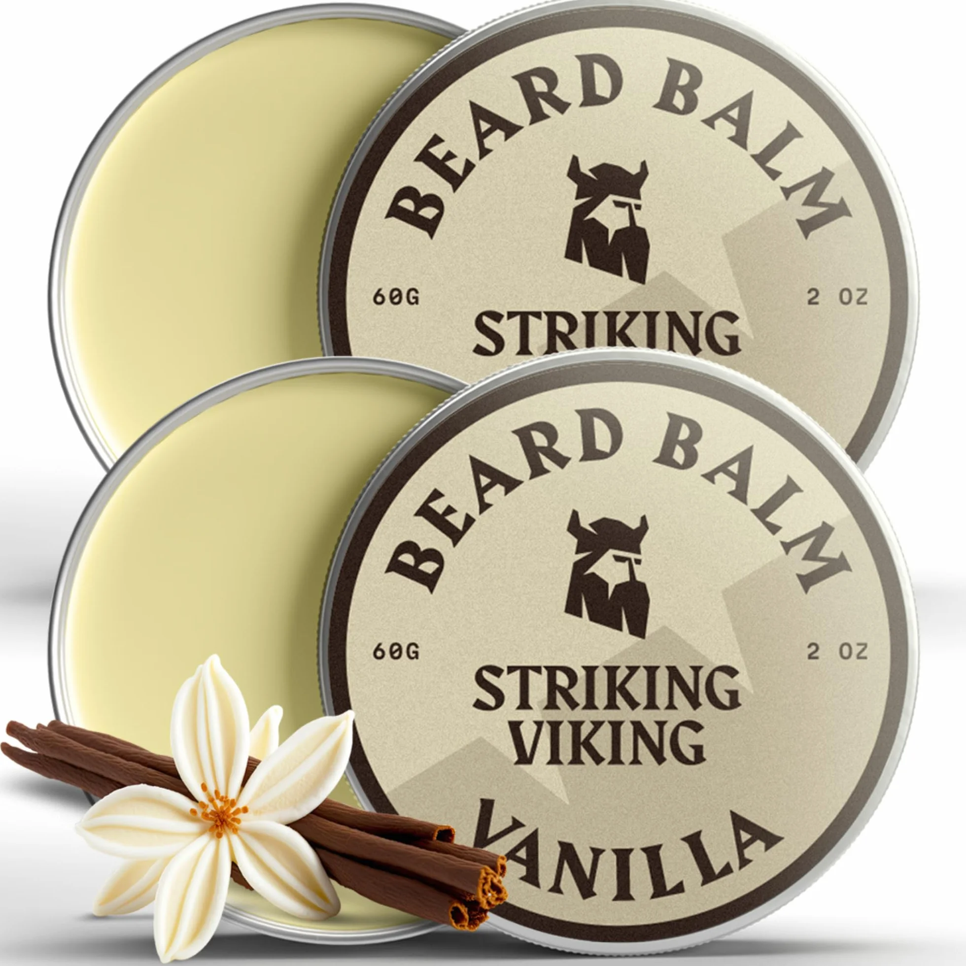 Striking Viking Balsamo per barba da uomo, Beard Balm – Balsamo per barba Leave-in con burro di karitè, tea tree, argan e olio di jojoba (60 ml (Pack of 2), Vaniglia)