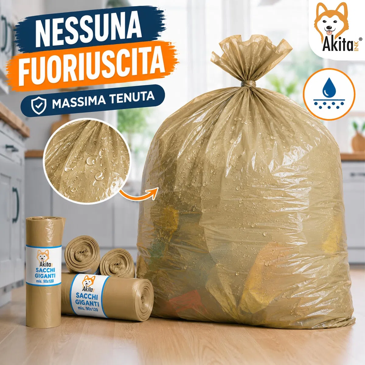 Akitaink 40 Sacchi Spazzatura Grandi 90x120 Ambra Super Resistenti Condominiali 130 Litri - Rotoli da 10 Pezzi, Made in Italy