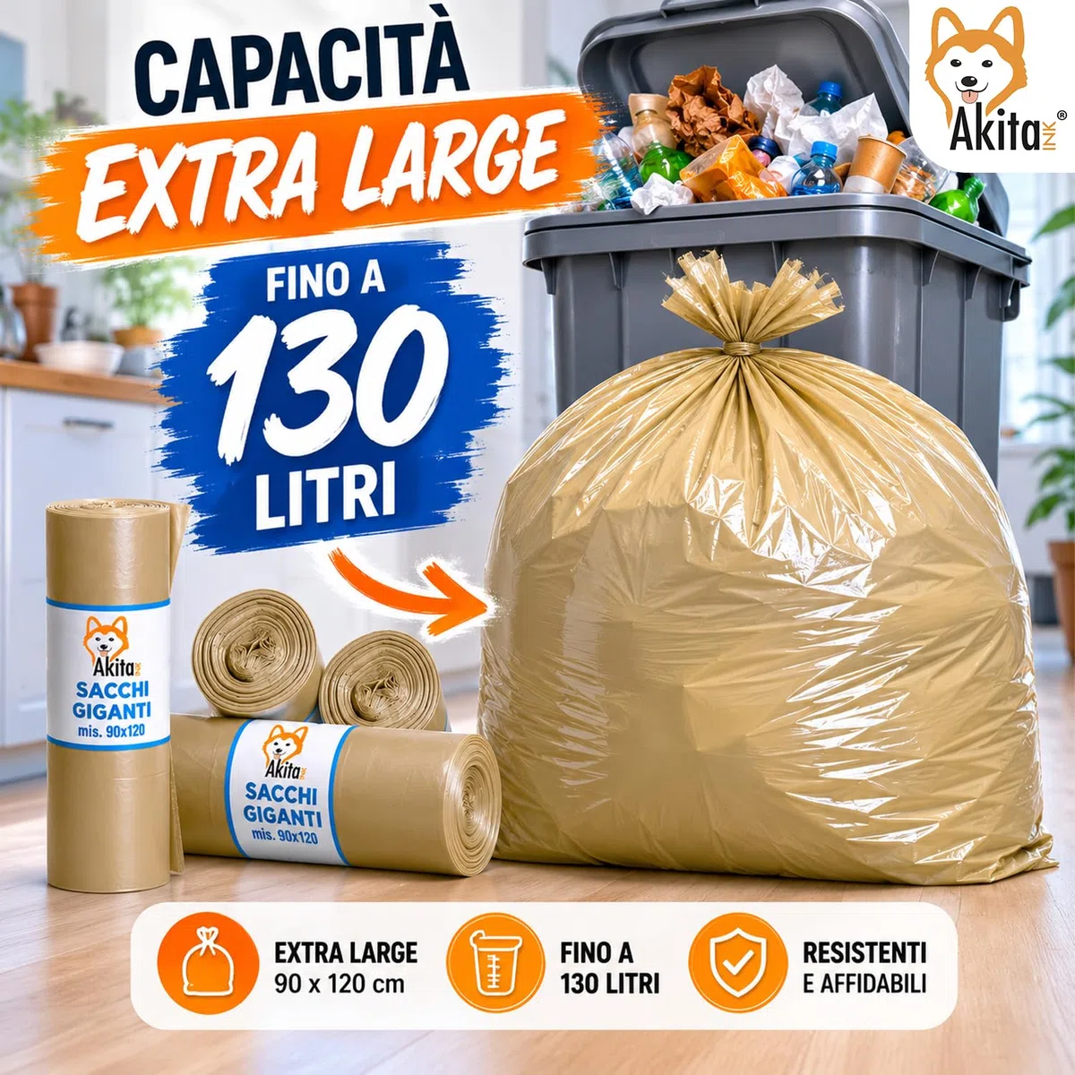 Akitaink 40 Sacchi Spazzatura Grandi 90x120 Ambra Super Resistenti Condominiali 130 Litri - Rotoli da 10 Pezzi, Made in Italy