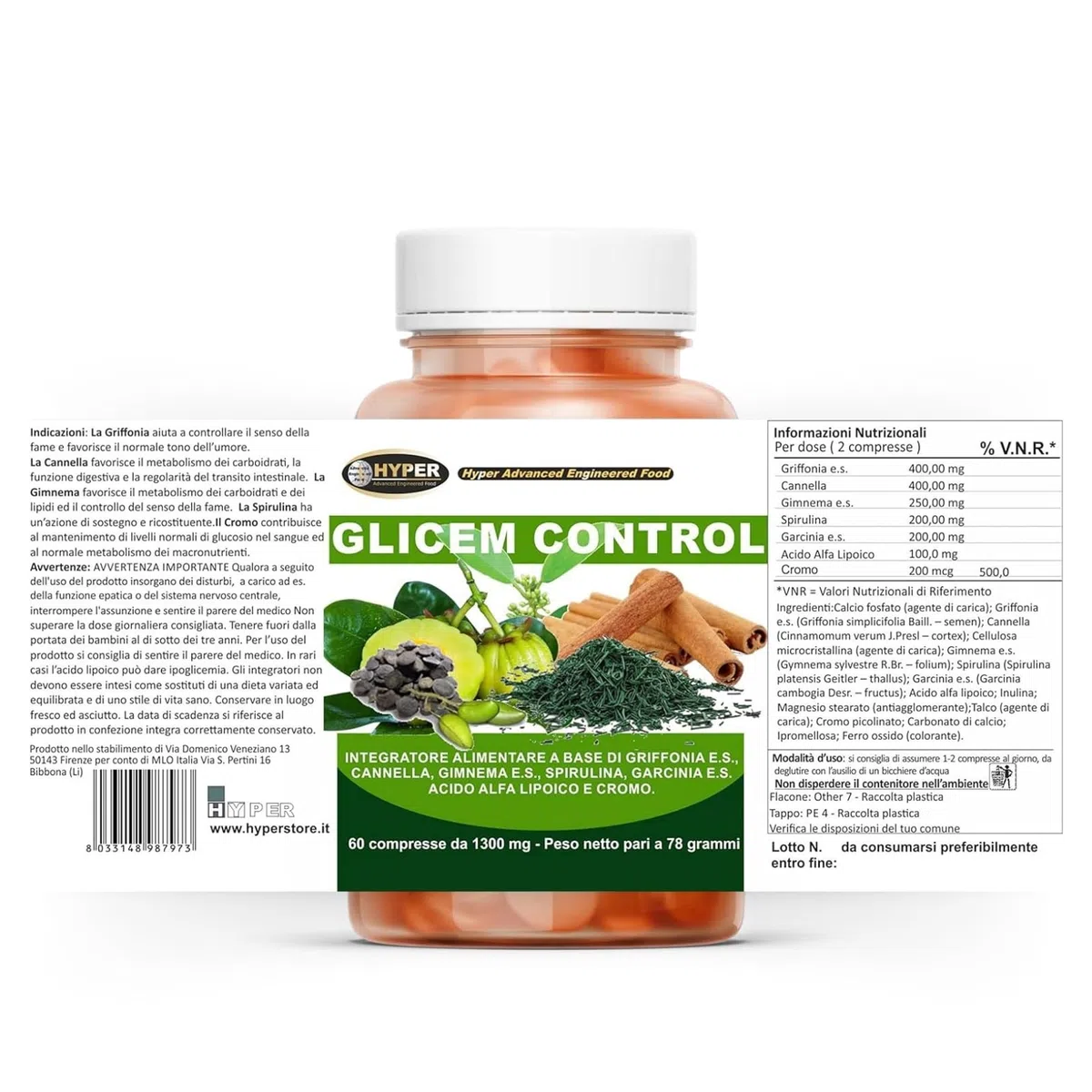 Hyper Glicem Control - Glucosio e Carboidrati - Integratore Alimentare con Griffonia, Cannella, Gimnema, Spirulina, Garcinia, Acido Alfa Lipoico, Cromo. 60 Compresse, prodotto in Italia.