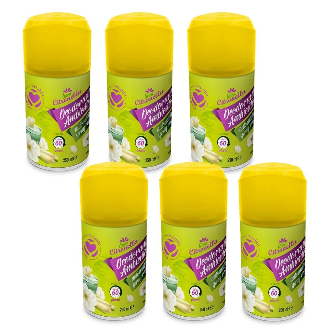 Pack 6pz Deodorante Ambientale Profumato alla Citronella 250ml Spray Contro Insetti Zanzare Repellente Antizanzare Uso Interno/esterno Antizanzare per Ambienti Formato Convenienza 60 gg di Protezione