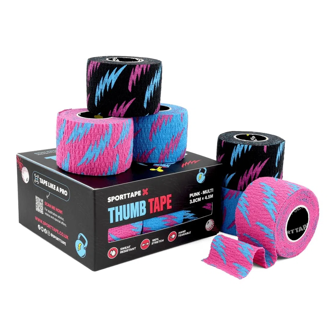 SPORTTAPE 6 Rotoli Nastro Pollice Sollevamento Pesi 3,8cm x 4,5m | Nastro Grip a Uncino per CrossFit & Powerlifting | Anti-Sudore, Facile da Strappare, Protezione per Mani e Dita | Pack Misto