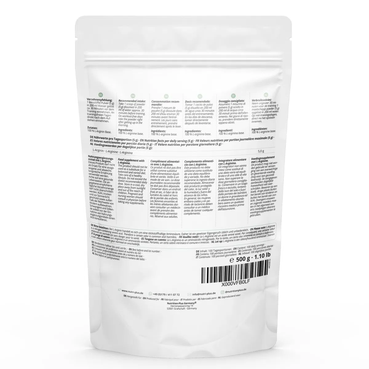 Nutri + L-Arginina Polvere Base 500g - massimo Dosaggio - vegetale da Fermentazione - pura Arginina - vegan - neutrale - senza Additivi - Qualità premium