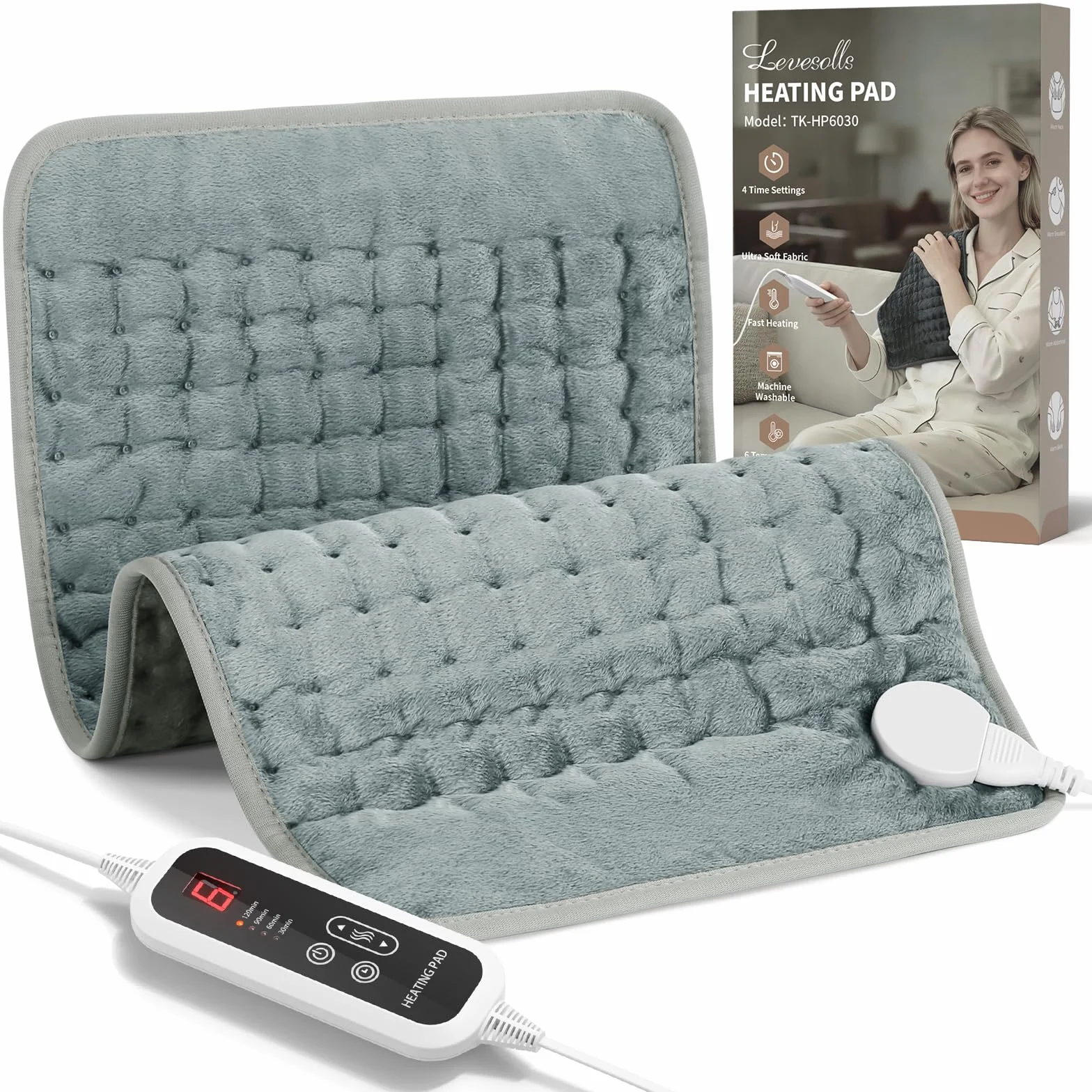 Termoforo Elettrico 60x30cm – Per Schiena, Spalle e Addome, 6 Livelli Di Temperatura, 4 Timer, Riscaldamento Rapido, Spegnimento Automatico, Lavabile In Lavatrice - Grigio Scuro