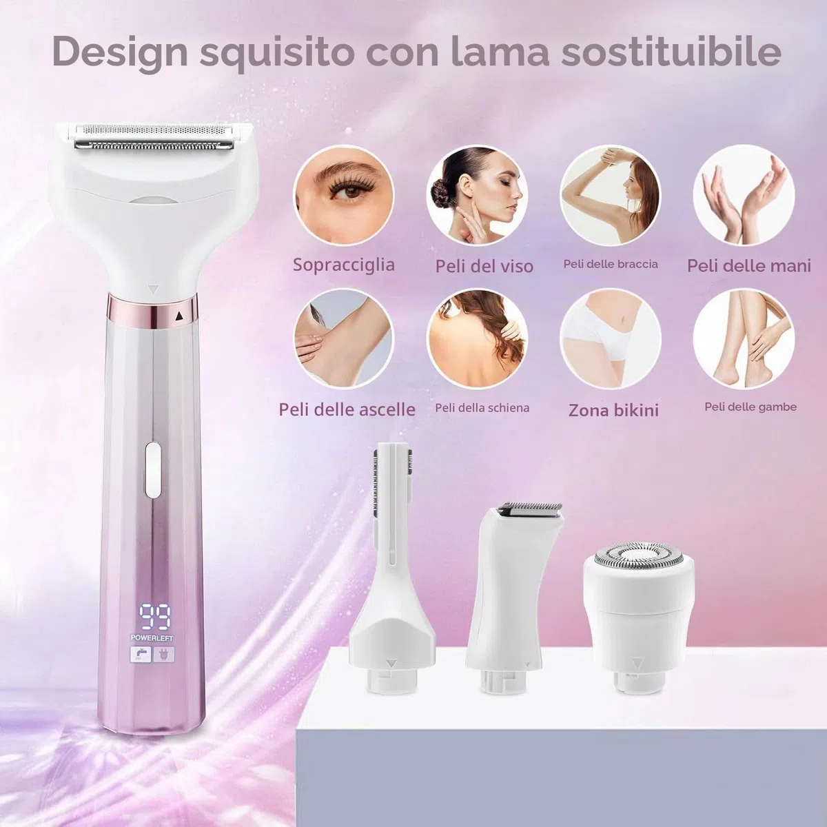 Rasoio Elettrico Donna, 4 in 1 Epilatore Viso Elettrico da Donne, Rasoio Parti Intime da Donna, indolore Depilatore Portatile per Corpo, Viso, Le Ascelle,La Linea Del Bikini e Le Sopracciglia