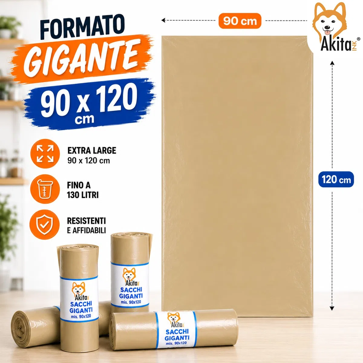 Akitaink 40 Sacchi Spazzatura Grandi 90x120 Ambra Super Resistenti Condominiali 130 Litri - Rotoli da 10 Pezzi, Made in Italy