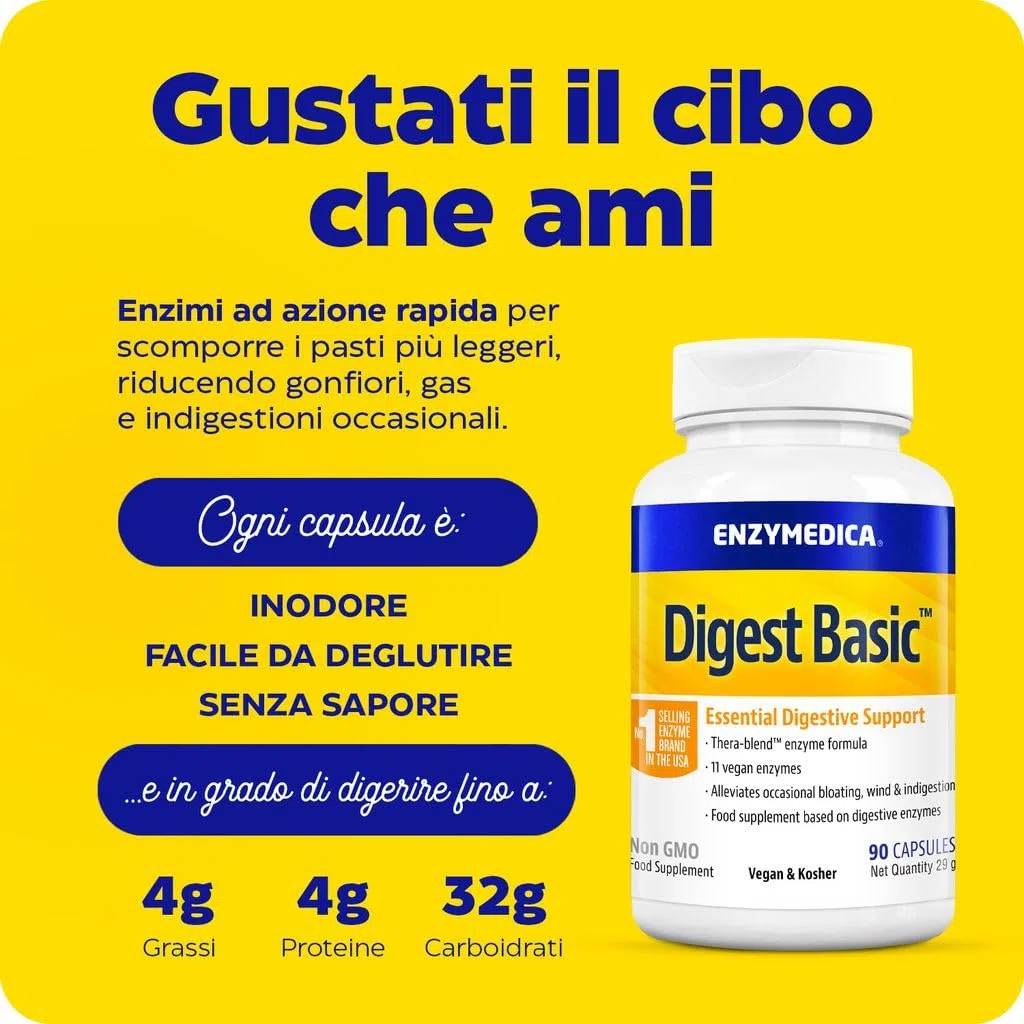 Enzymedica, Digest Basic, Integratore Alimentari con Enzimi Digestivi, Indicato per Irregolarità e Gonfiore Addominale, Gluten Free, Senza Lattosio, 90 Capsule