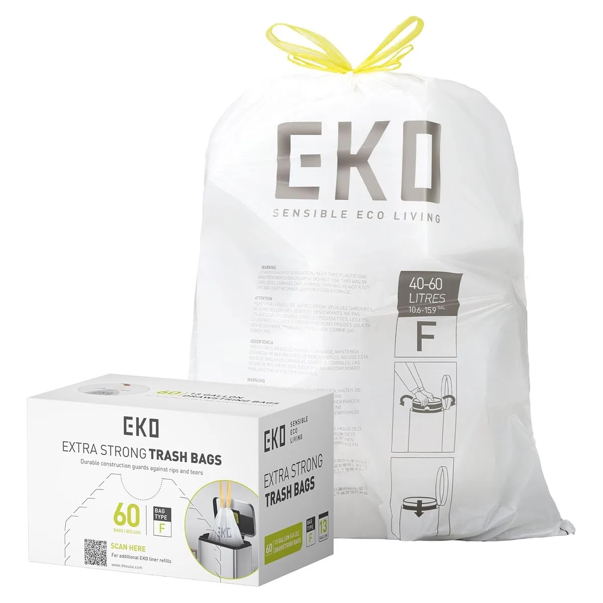EKO - Sacchetti Pattumiera - Code F - 60 Pezzi - 40-60 Litri - Extra Resistenti Anti-Goccia con Maniglie a Chiusura Automatica - Bianchi - Ideali per Cucina e Casa