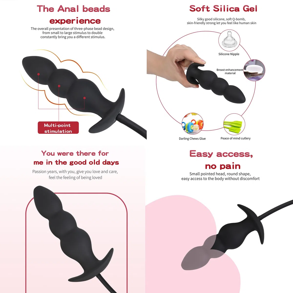 AMAZBEE Spine anali in silicone per donne Spine gonfiabili per l'allenamento anale Stimolazione del punto G Giocattoli anali Perle anali espandibili (Black)