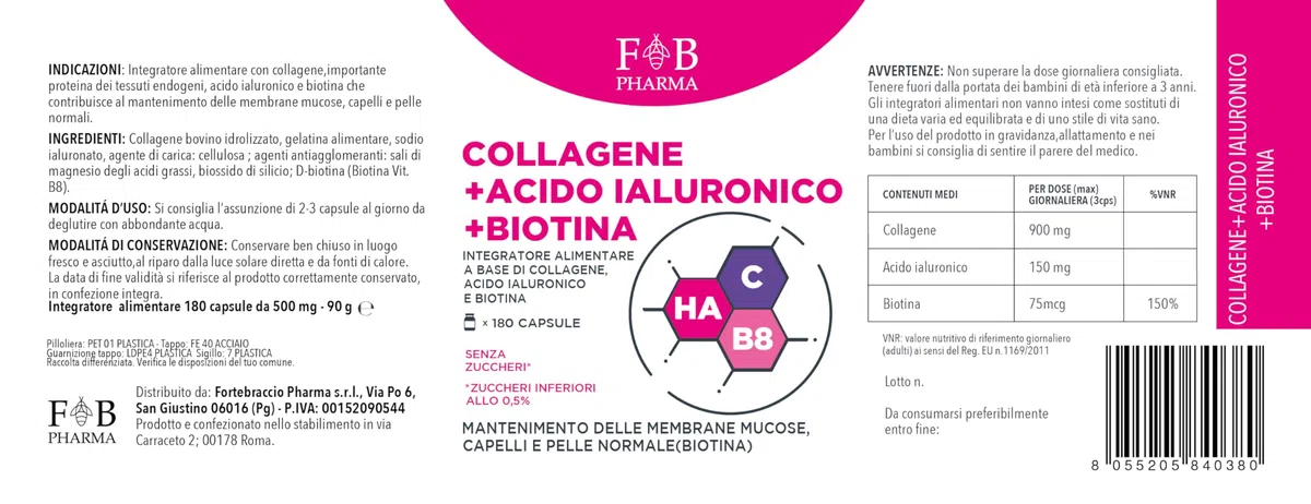 Collagene con Acido Ialuronico e Biotina – 180 Capsule per Pelle, Capelli e Unghie – Formula Completa ad Alta Concentrazione – Prodotto in Italia