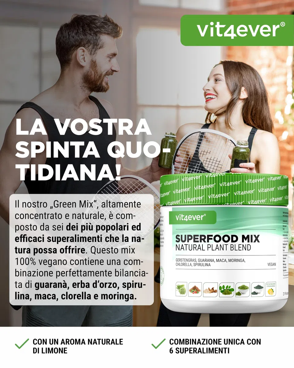 vit4ever Superfood Mix Polvere – 420 g con 6 Superfoods (Erba d'Orzo, Spirulina, Chlorella, Moringa, Maca e Guaranà) - con Gusto Naturale di Limone