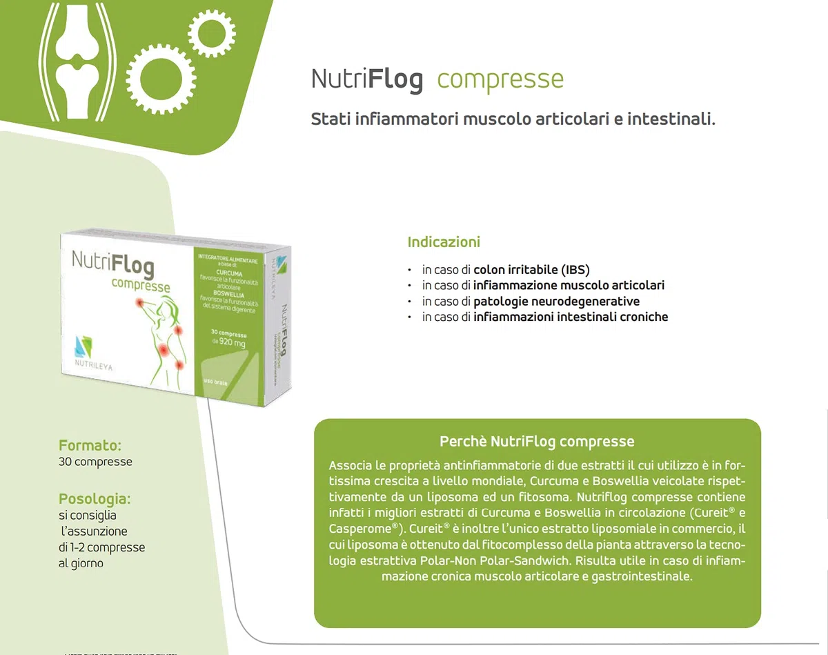 NutriFlog, 30 Compresse - Integratore Naturale per Dolori Muscolari, Articolari o Intestinali - Con Curcuma, Boswella Serrata - Nutrileya