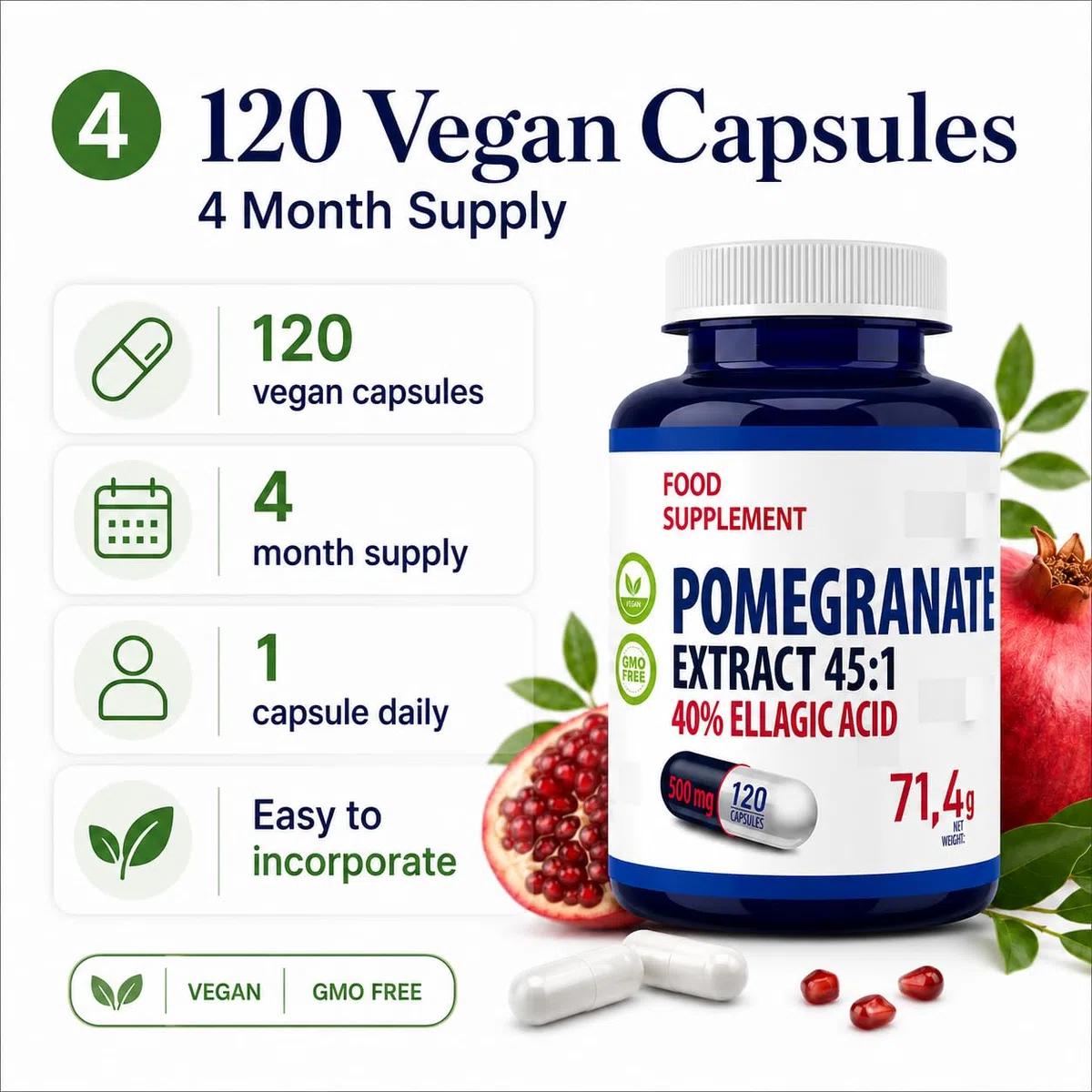 Hepatica Estratto di Melograno 22.500 mg Equivalente | Estratto 45:1 da 500 mg Standardizzato al 40% di Acido Ellagico | 120 Capsule Vegane | Scorta 4 Mesi | Testato da Laboratorio Indipendente