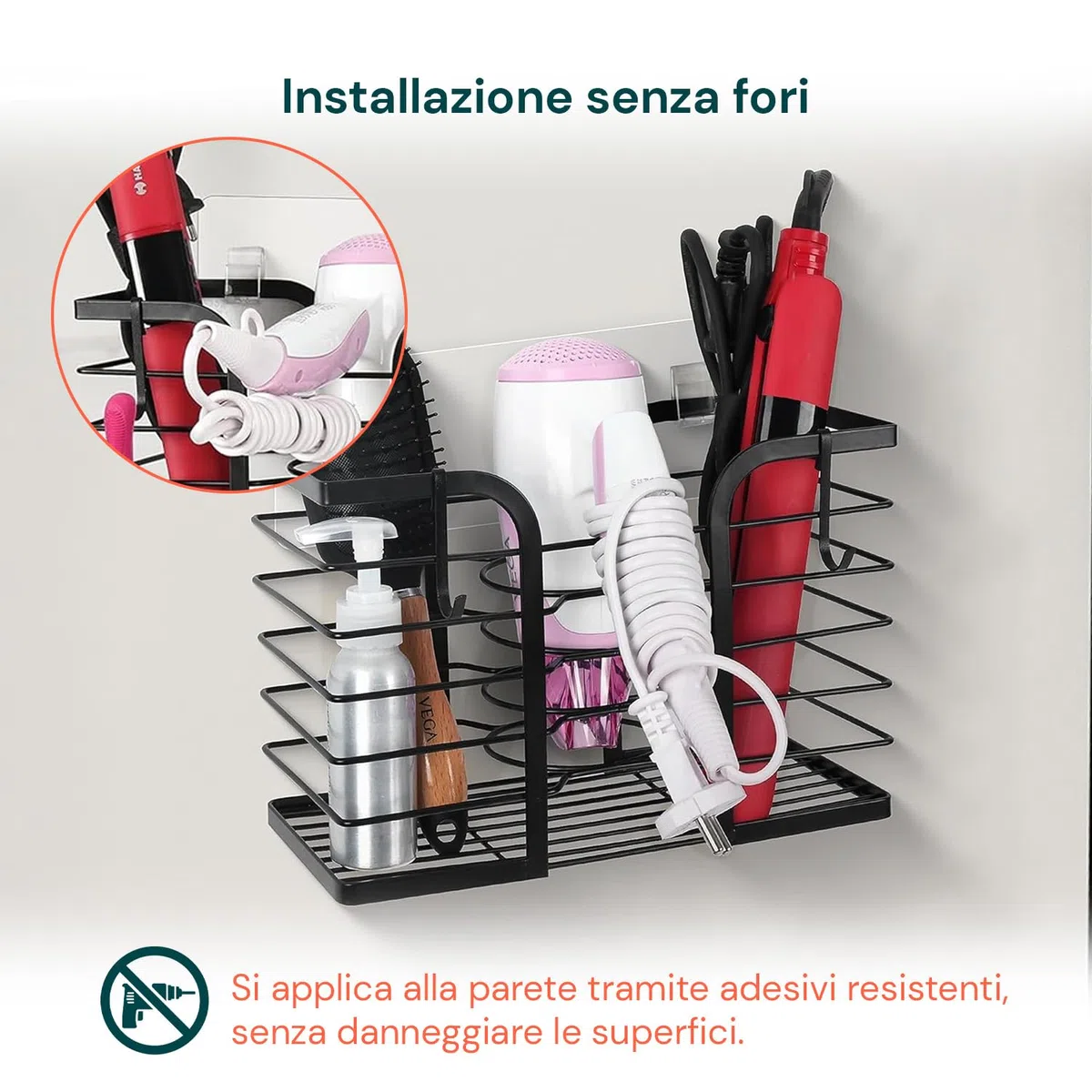Wintem - Porta Phone Bagno da Muro con Mensola Multiuso Senza Fori per Phon e Piastra, Ideale per Accessori Beauty, Facile da Installare con Adesivi Resistenti, Design Salvaspazio