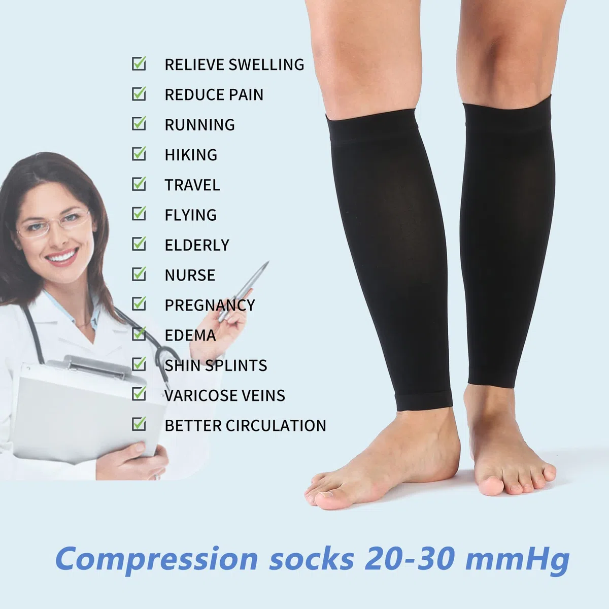 VARCOH Calze Compressione Graduata Donna, (2 Paia) Fascia Polpaccio, Supporto Solido, Indicato per Gonfiore, Esercizio Fisico