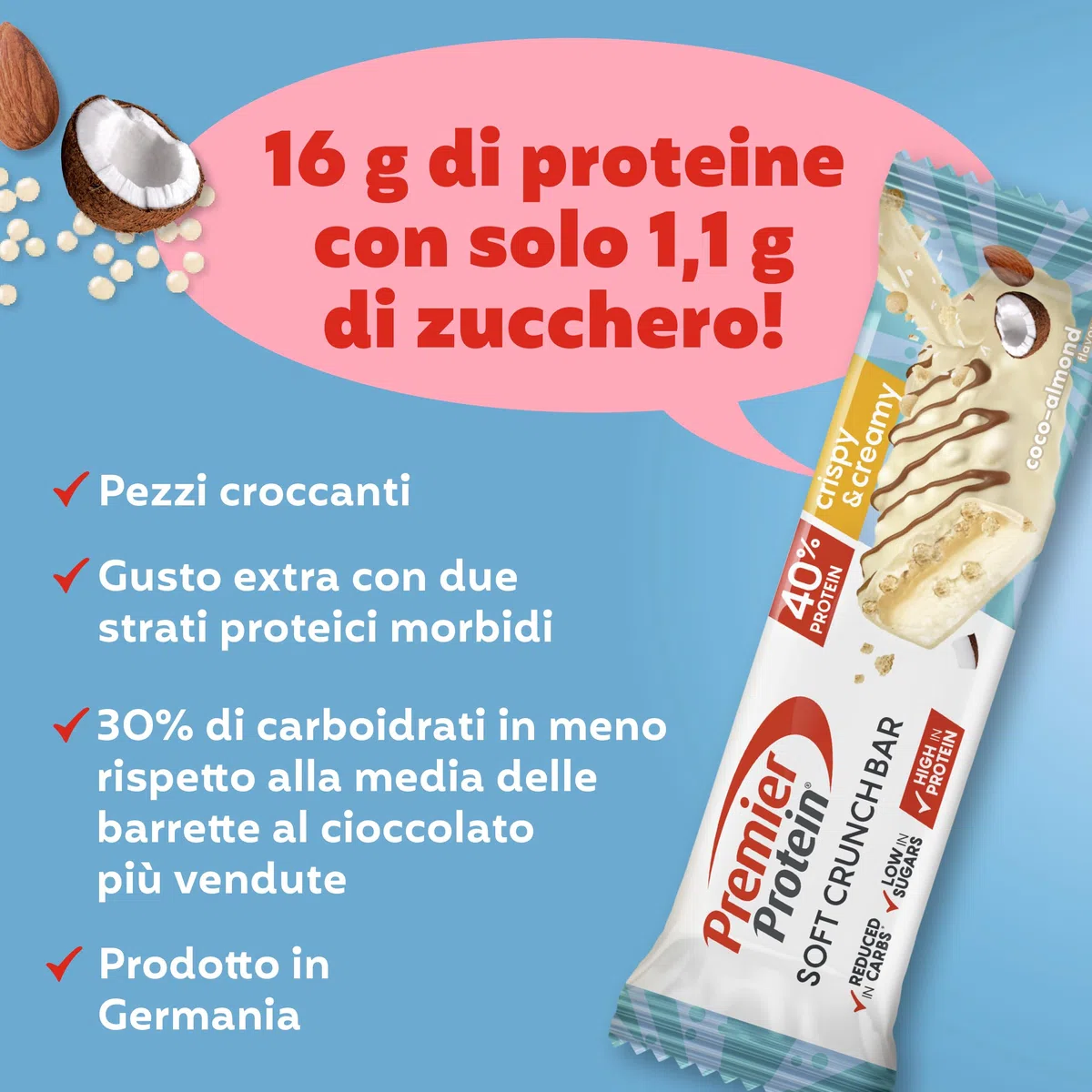 Premier Protein Soft Crunch Bar 40% Protein Coco-Almond 12x40g - Hoher Proteingehalt + Low Sugar + Palmölfrei