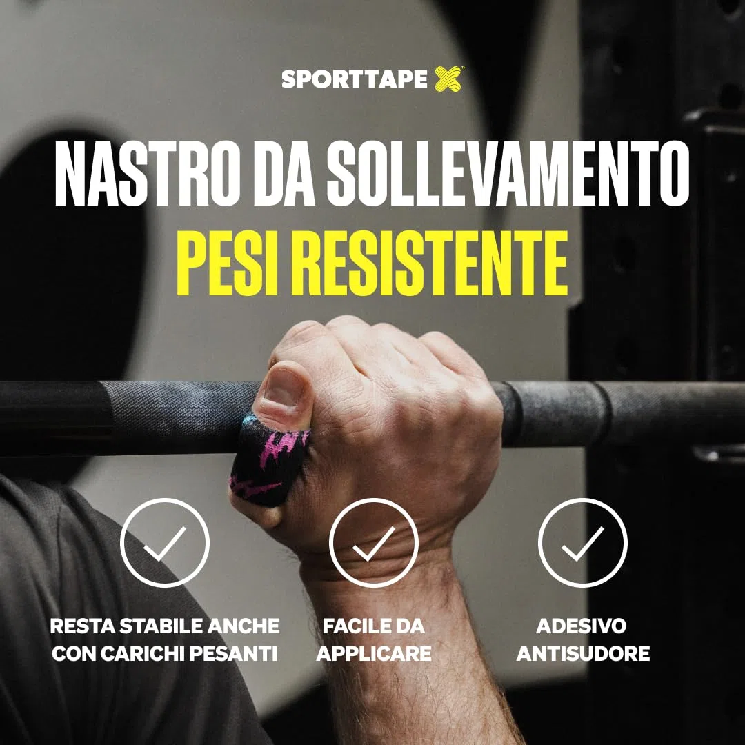 SPORTTAPE 6 Rotoli Nastro Pollice Sollevamento Pesi 3,8cm x 4,5m | Nastro Grip a Uncino per CrossFit & Powerlifting | Anti-Sudore, Facile da Strappare, Protezione per Mani e Dita | Pack Misto