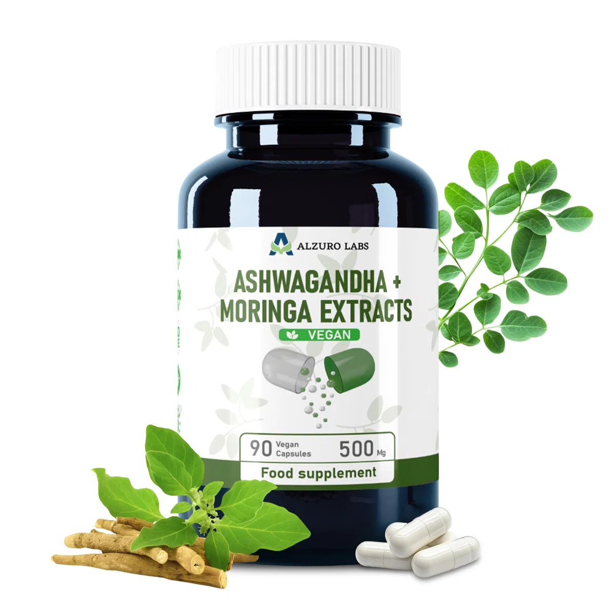Ashwagandha e Moringa 7.500 mg equivalente | Estratti ad alto dosaggio 20:1 e 10:1 | 500 mg al giorno | 90 capsule vegane | Calma, energia e benessere | GMP e testato da laboratorio terzo