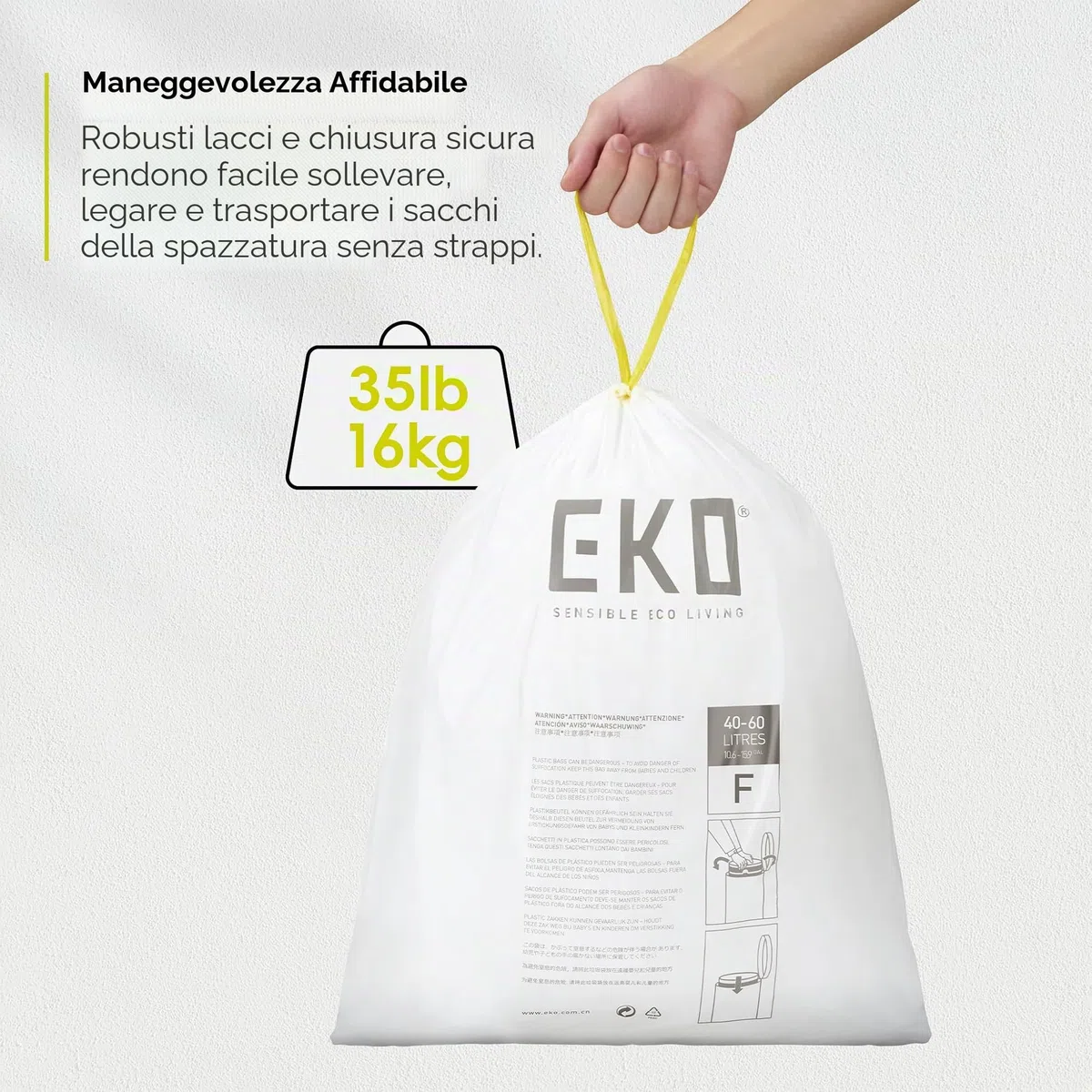 EKO - Sacchetti Pattumiera - Code F - 60 Pezzi - 40-60 Litri - Extra Resistenti Anti-Goccia con Maniglie a Chiusura Automatica - Bianchi - Ideali per Cucina e Casa