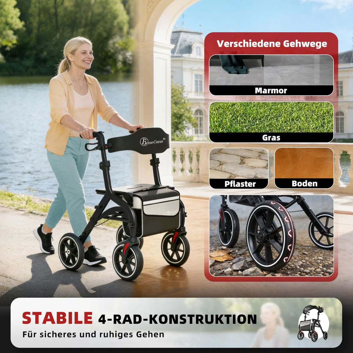 BeneCane Deambulatore da Esterno Pieghevole e Leggero come Ausilio per Camminare e Alzarsi, Rollator da Viaggio Regolabile in Altezza con Sedile, per Anziani con Borsa e Cintura Posteriore