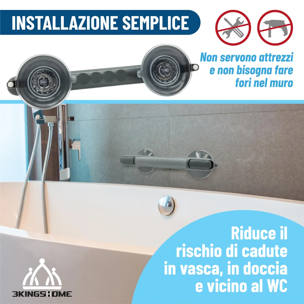 Maniglia Doccia Anziani, Maniglione Bagno Disabili A Ventosa Con Doppia Sicura grigia